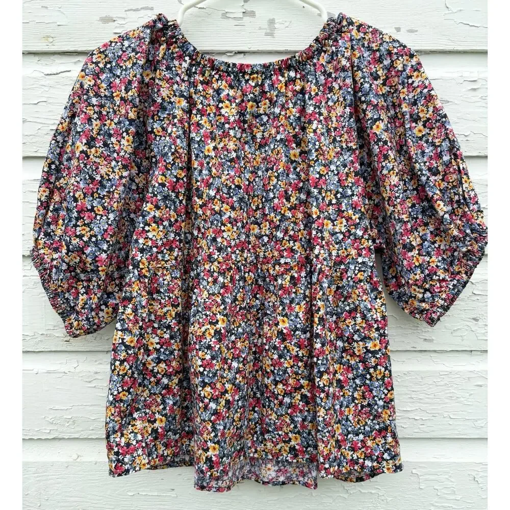 Old Navy Top Womens Medium Puff Sleeve Elastic Neck Boho Floral Blouse Ditzy - Picture 4 of 6
